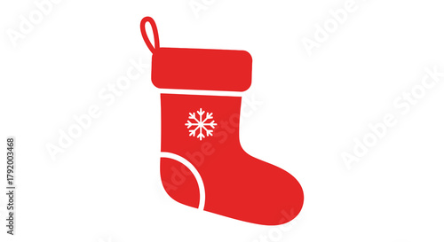 A simple red christmas stocking with a white snowflake design and a loop for hanging