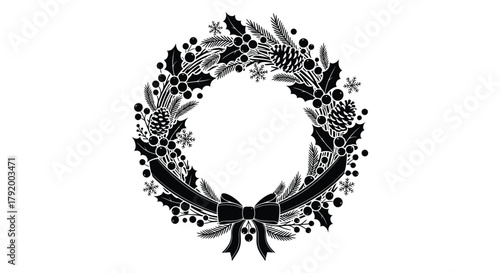 Elegant black silhouette of a christmas wreath with a bow and festive foliage