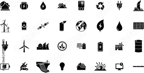 Energy icon set. Including Solar, Wind, Renewable, Battery, Green, Sustainable, Eco, Thermal, Hydro, Conservation. vector illustration