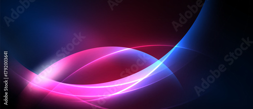Abstract flowing lines, vibrant colors. Blue, pink hues blend, creating dynamic visual effect. Dark background emphasizes luminosity.