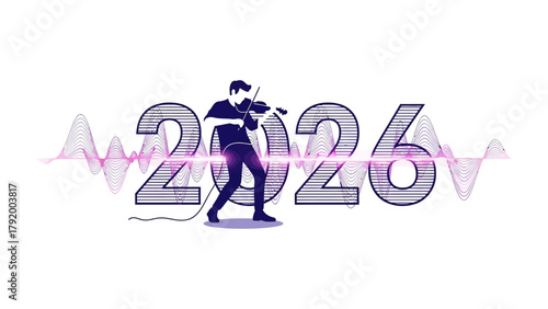 Musical Harmony in 2026: A silhouette of a violinist performs with passion, interwoven with the year 2026 and a visual representation of sound waves, symbolizing the fusion of music and the future.