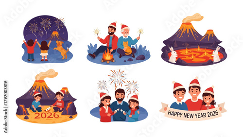 New Year's Celebration: A festive illustration of families and fireworks, ringing in the new year with joy and togetherness.