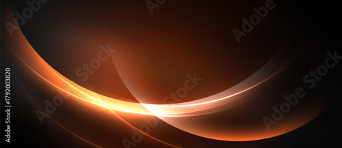 Abstract design features curved lines, warm colors, bright glow. Dark background emphasizes dynamic light effects, creating modern aesthetic.