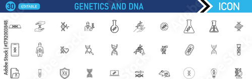 Genetics and Dna icon set. Including DNA, Helix, Gene, Chromosome, Cell, Mutation, Heredity, Sequence, Genome, Evolution. vector illustration