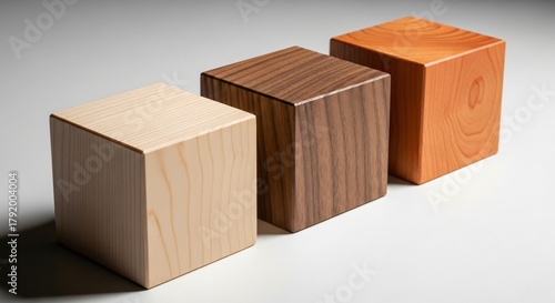 Three wooden cubes of different wood types and colors arranged in a row on a white background