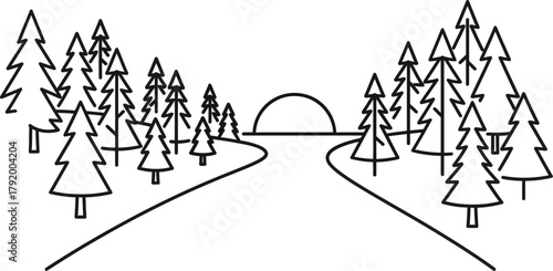 Minimalist forest scene with a road leading to the horizon and setting sun view