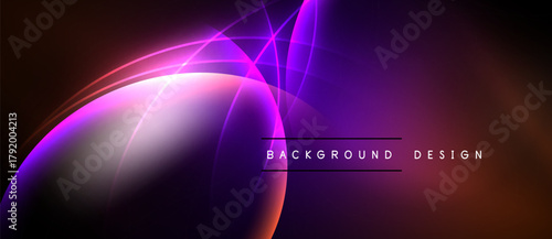 Abstract neon lights create dynamic curves, gradients. Dark background emphasizes vibrant purple, orange hues. Modern design element.