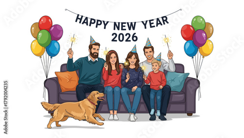 New Year's Celebration with Family: A heartwarming family scene welcomes the New Year, seated together with joy. A dog runs near them, sharing in the festive atmosphere.