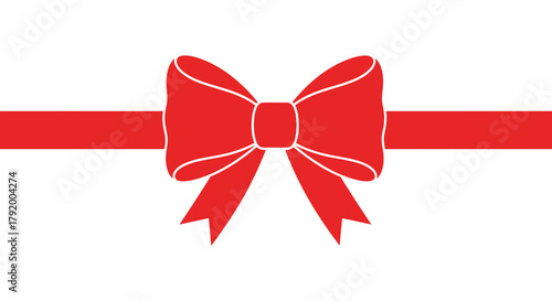 Simple red ribbon bow and horizontal band on a white background for gift wrapping and decoration