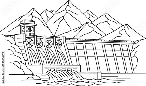 Hydroelectric dam illustration with mountain backdrop in a minimalist line art style