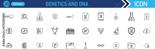 Genetics and Dna icon set. Including DNA, Helix, Gene, Chromosome, Cell, Mutation, Heredity, Sequence, Genome, Evolution. vector illustration