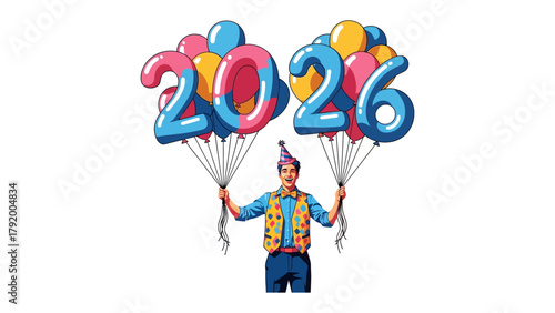 Celebratory 2026: A cheerful individual, adorned in festive attire, proudly holds aloft a cluster of buoyant balloons that spell out the year 2026, creating a sense of anticipation for future events.