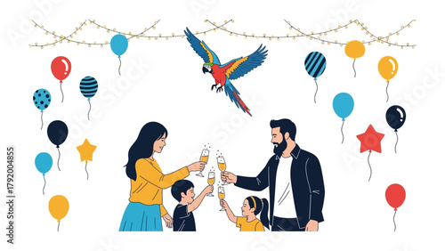 Family Celebration with Parrot: A family, joyfully celebrates life's moments. with a vibrant parrot soaring above, surrounded by balloons and decorative lights.
