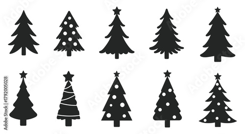 Collection of ten diverse silhouette christmas trees with various decorations and styles on a white background