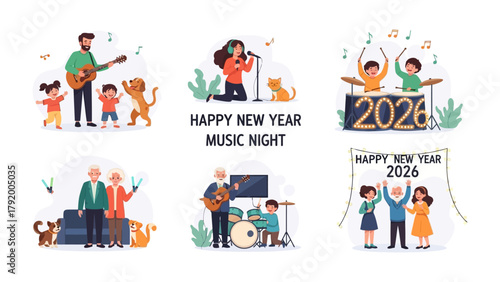 Happy New Year Music Night: Celebratory illustrations featuring diverse families enjoying a music night, with joyful gatherings and cheerful new year vibes.