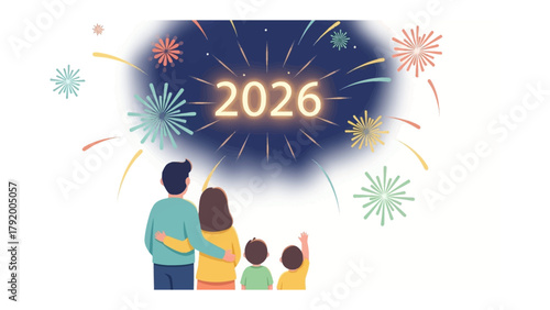 Celebrating 2026: A Family's Festive Gaze Towards the Future, enjoying the burst of vibrant fireworks, encapsulating the essence of the new year's festivities.