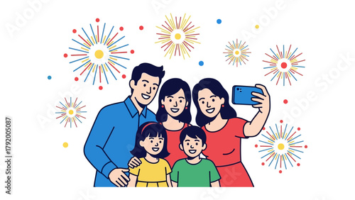 Family Moments and Celebration: A heartwarming scene captures a family together, pausing to capture a selfie, framed by colorful bursts of fireworks.