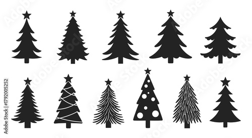 Collection of diverse silhouette christmas trees with stars and ornaments for festive holiday design