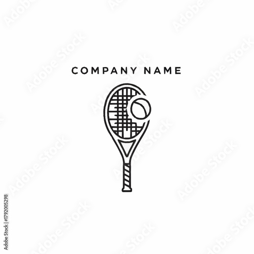 Minimalist Tennis Racket and Ball Logo for Sports Company Branding.