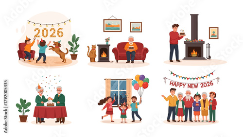 New Year's Celebration Scenes: Illustrative compilation of joyful moments with family and friends, capturing the spirit of celebration and togetherness.