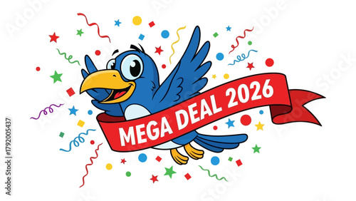Mega Deal 2026 : A cheerful, cartoon bird soars through a celebratory scene, a banner proclaiming Mega Deal 2026. The vibrant image evokes excitement and anticipation.