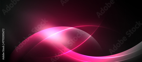 Abstract pink curves shine against dark background. Smooth lines create dynamic, modern visual effect. Brightness emphasizes flowing shapes.