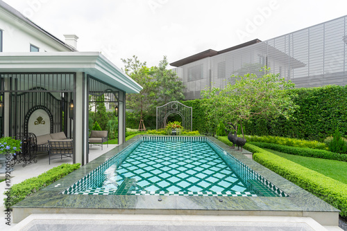 Backyard home patio and swimming pool for leisure lifestyle,