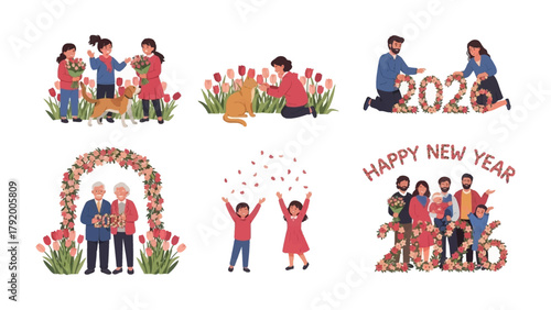 New Year's Celebrations with Floral Arrangements: Celebrating the New Year's in an elegant illustration of various families with a touch of floral arrangements to display the festive environment. 