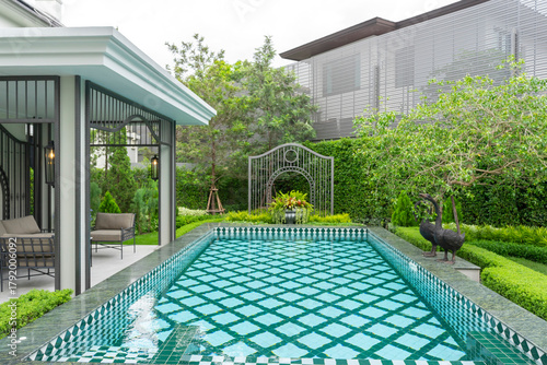 Backyard home patio and swimming pool for leisure lifestyle,