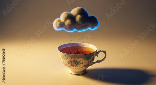 A cup of tea with a cloud above it, symbolizing a rainy day and the comfort of a warm beverage during inclement weather