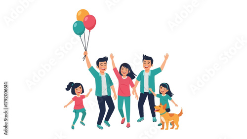 Joyful Family Gathering with Balloons: A family celebrates together, a collection of colorful balloons floats in the air, creating a atmosphere of joy, laughter and connection.