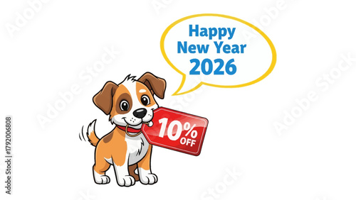 New Year Discount: An adorable cartoon puppy announces Happy New Year 2026 and offers a tempting 10% discount on a festive greeting, ideal for holiday promotions and cheerful celebrations.