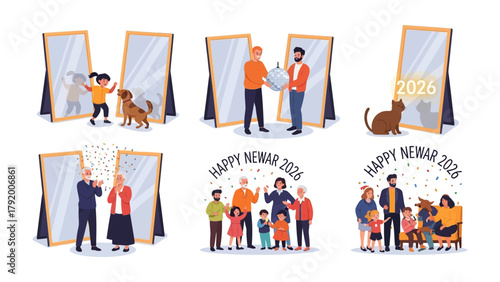New Year 2026 Reflection: People from many generation and relationship celebrate in front of mirror. A joyous depiction of family celebrating the arrival of the New Year.