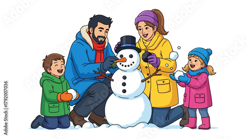 Cozy Winter Family Building a Snowman: A joyful family bundles up in winter attire, working together to build a cheerful snowman on a snowy day, creating a scene of warmth, unity and seasonal delight.