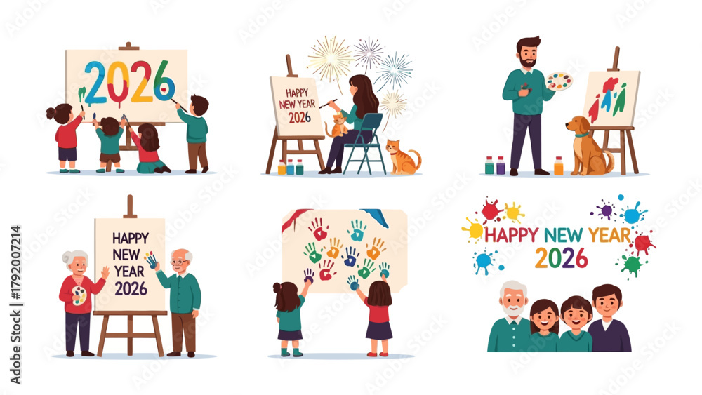 Fototapeta premium New Year's Artistry: A vibrant collection of illustrations capturing the spirit of celebration and artistic expression.