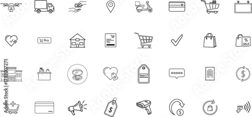 Shopping icon set. Including shopping, store, delivery, promotion and shopping cart symbol. vector illustration
