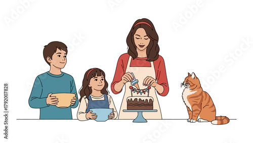Baking Together: A loving family, including the cat, gathers to bake a delightful cake. capturing the fun of a family activity, showing the value of family and togetherness.