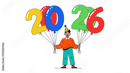 Celebrating 2026: Cheerful person holds vibrant balloons spelling out the year 2026, creating a sense of anticipation and optimism for the future.