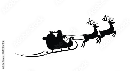 Black silhouette of santa claus in his sleigh pulled by reindeer flying across a white background