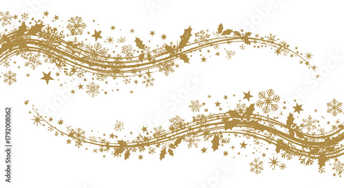 Golden wavy musical staff with festive christmas ornaments and snowflakes on a white background