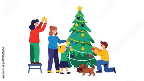 Christmas Tree Adornment: Family decorates a vibrant, festive Christmas tree, brimming with colorful ornaments, while sharing moments of togetherness and festive cheer.