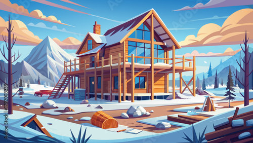 Partially built modern wooden house standing amid a snow-covered field, surrounded by scaffolding and construction materials. A realistic winter scene showing the progress of home building in nature