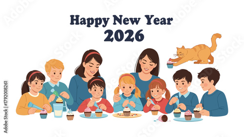 New Year Cupcake Decorating: A warm scene of a family coming together to decorate cupcakes, sharing joy and excitement. Wishing all a Happy New Year 2026.
