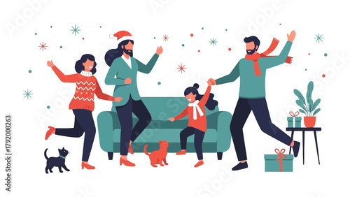 Christmas Family: A family scene with Christmas elements shows a happy family celebrating Christmas season together. The image illustrates a joyful moment with the Christmas celebration mood.