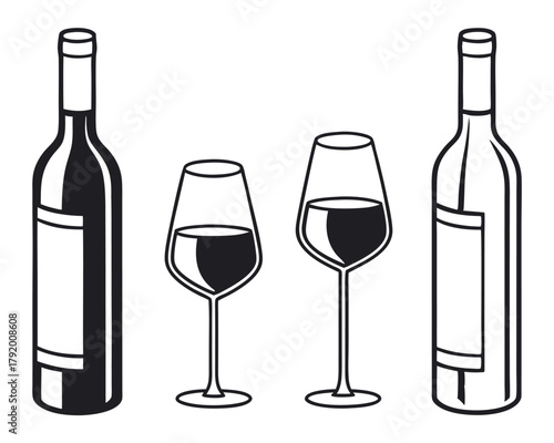 Minimalist Wine Bottles and Glasses Icons Set Vector Illustration