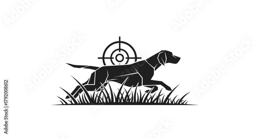 Pointer dog on the hunt in tall grass with target, symbolizing accuracy and skilled tracking,