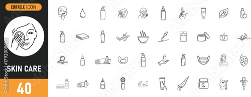 Skin care icon set. Including Cleanser, Moisturizer, Serum, Sunscreen, Exfoliate, Toner, Mask, Hydration, Cream. vector illustration