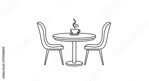 Minimalist illustration of a romantic cafe scene with coffee and heart shaped steam creating love
