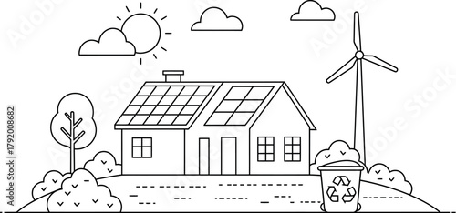 Green Energy Sustainable Home with Solar Panels and Wind Turbine - Line Art Illustration