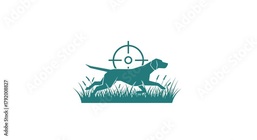 Hunting dog silhouette logo running through grass with crosshairs target symbol